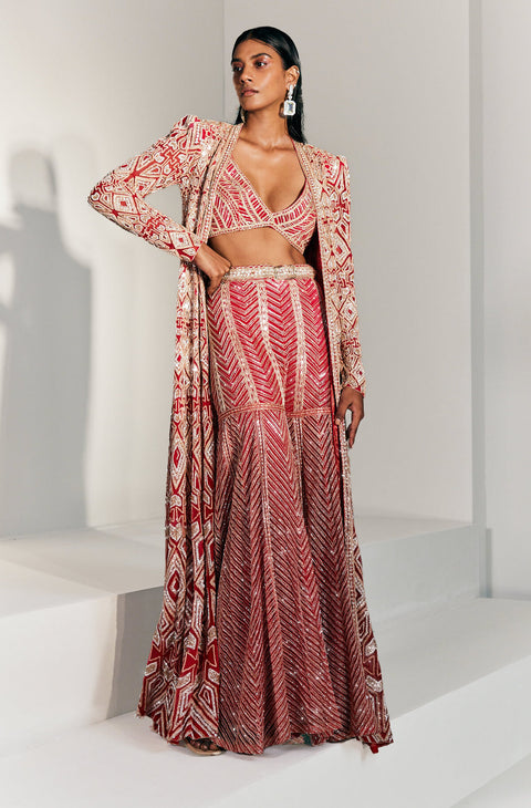 Ritika Mirchandani-Red Embroidered Jacket With Bustier, Sharara And Belt-INDIASPOPUP.COM