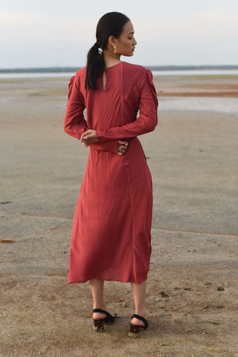 Coral Rust Dress | Womens Silk Tiered Dress | The Loom Art | IKKIVI