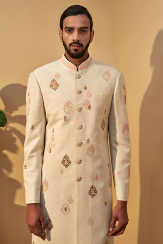 Dhruv Vaish-Cream Metal Embroidered Sherwani Set-INDIASPOPUP.COM