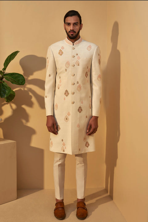 Dhruv Vaish-Cream Metal Embroidered Sherwani Set-INDIASPOPUP.COM