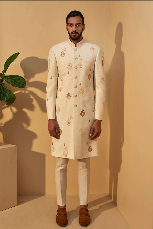 Dhruv Vaish-Cream Metal Embroidered Sherwani Set-INDIASPOPUP.COM
