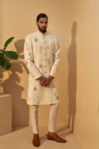 Dhruv Vaish-Cream Metal Embroidered Sherwani Set-INDIASPOPUP.COM