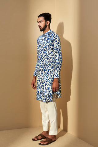 Dhruv Vaish-Cream Printed Side Drape Kurta Set-INDIASPOPUP.COM