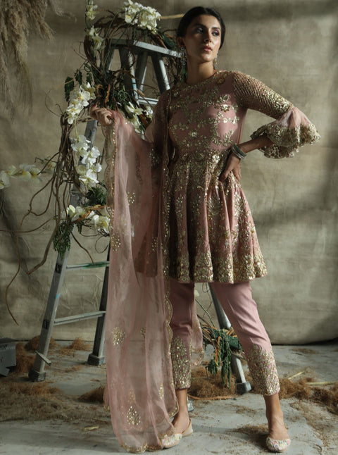 Turquoise By Rachit Khanna-Dark Rosegold Short Anarkali Suit-INDIASPOPUP.COM