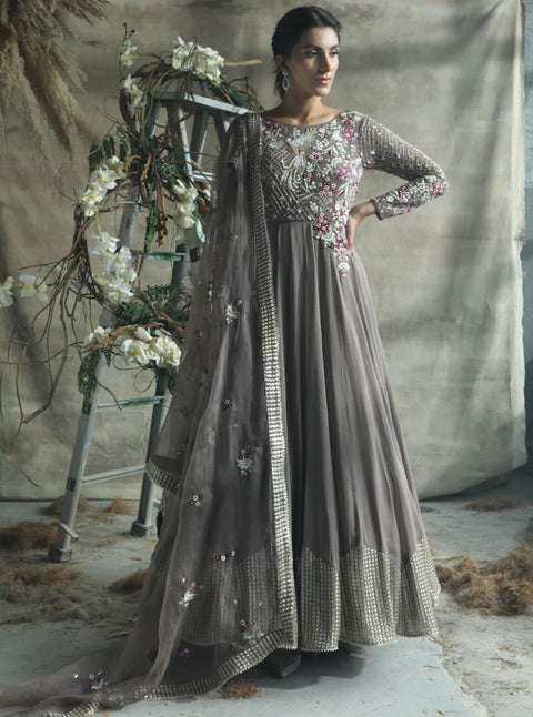 Turquoise By Rachit Khanna-Gold Grey Anarkali Set-INDIASPOPUP.COM