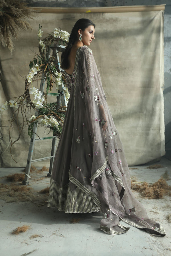 Turquoise By Rachit Khanna-Gold Grey Anarkali Set-INDIASPOPUP.COM