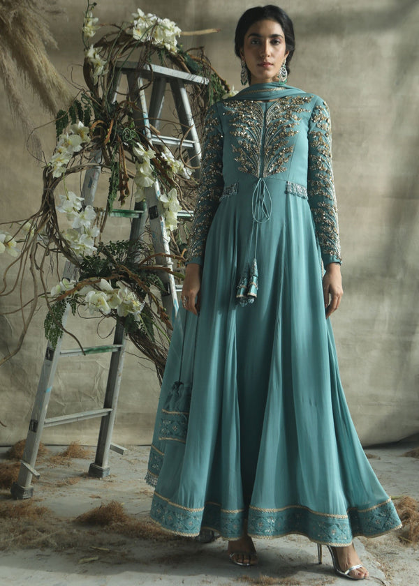 Turquoise By Rachit Khanna-Greyish Blue Anarkali Set-INDIASPOPUP.COM