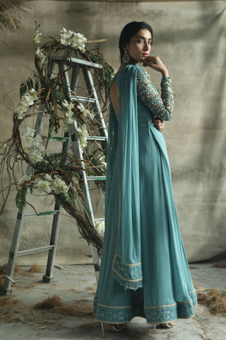 Turquoise By Rachit Khanna-Greyish Blue Anarkali Set-INDIASPOPUP.COM