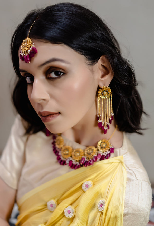 Hyperbole-Rani Pink & Marigold Tassel Earrings-INDIASPOPUP.COM