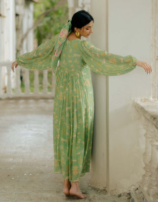 Paulmi & Harsh-Fern Green Bagh Print Dress-INDIASPOPUP.COM