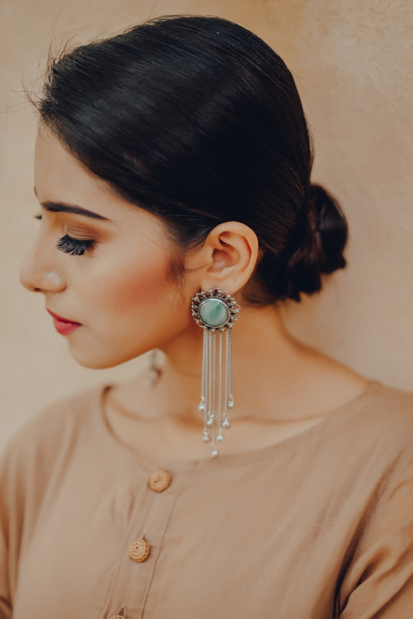 Hyperbole - Silver Bloom Tassels With Green Aventurine - INDIASPOPUP.COM
