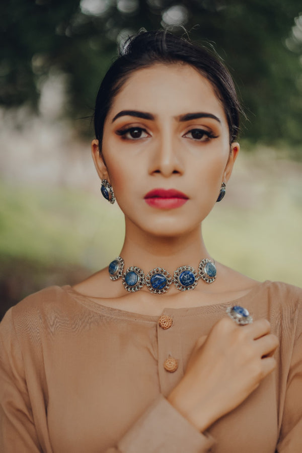 Hyperbole - Silver Bloom Choker With Blue Lapis Lazuli - INDIASPOPUP.COM