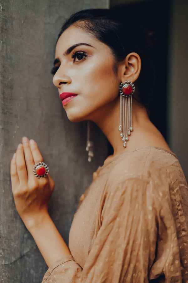 Hyperbole - Silver Bloom Tassels With Orange Carnelian - INDIASPOPUP.COM