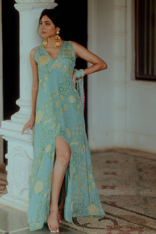 Paulmi & Harsh-Blue Slit Maxi Dress-INDIASPOPUP.COM