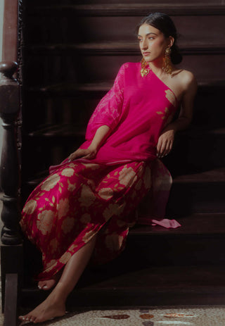 Paulmi & Harsh-Rose Print Tie Up Dress With Skirt-INDIASPOPUP.COM