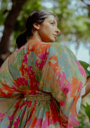 Paulmi & Harsh-Multicolor Print Draped Kaftan With Belt-INDIASPOPUP.COM