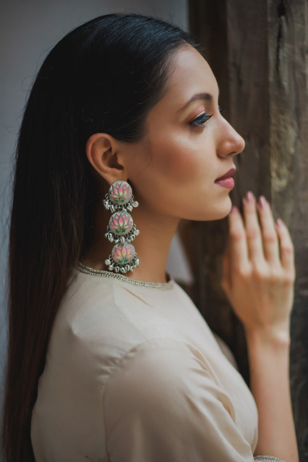 Hyperbole - Pink & Green Silver Enamel Lotus Danglers - INDIASPOPUP.COM