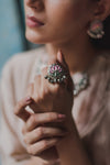 Hyperbole - Pink & Green Lotus Enamel Ring - INDIASPOPUP.COM