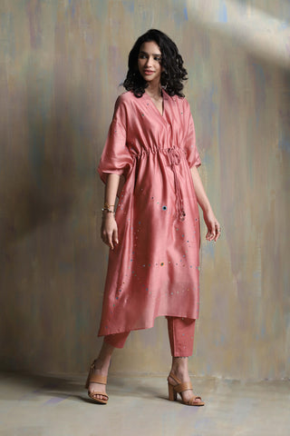 Charkhee-Dusky Pink Chanderi Kaftan With Pant-INDIASPOPUP.COM