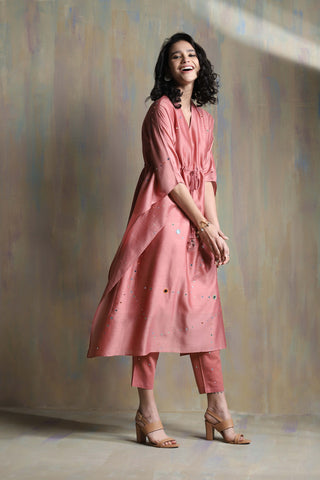 Charkhee-Dusky Pink Chanderi Kaftan With Pant-INDIASPOPUP.COM