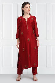 Label Earthen-Maroon Kurta & Pants With Dupatta-INDIASPOPUP.COM