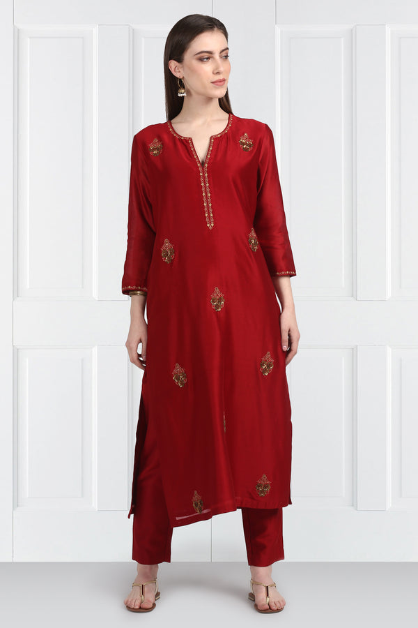 Label Earthen-Maroon Kurta & Pants With Dupatta-INDIASPOPUP.COM