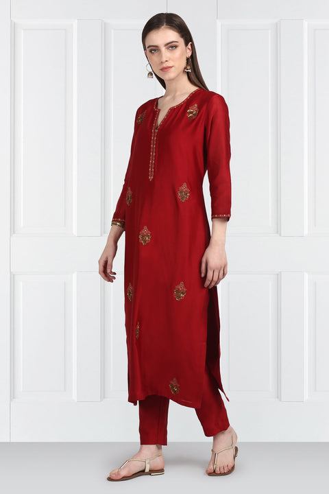 Label Earthen-Maroon Kurta & Pants With Dupatta-INDIASPOPUP.COM