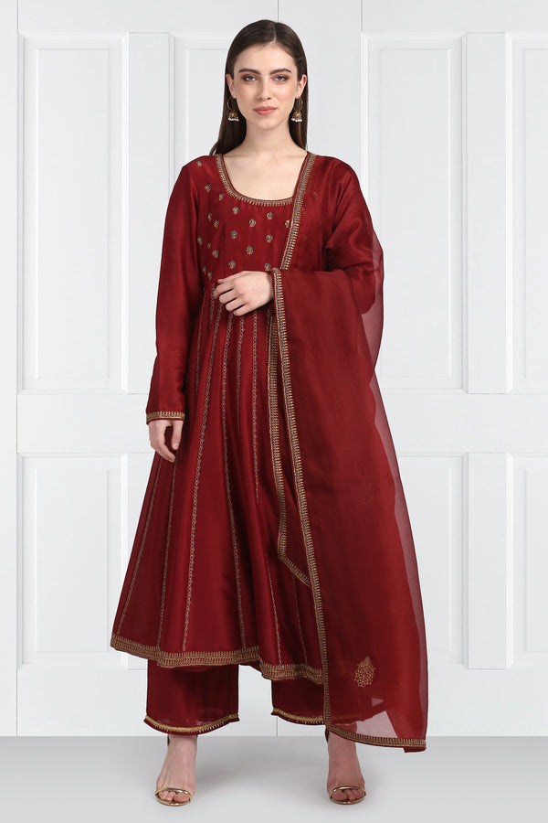 Label Earthen-Maroon Kurta & Dupatta With  Palazzo-INDIASPOPUP.COM