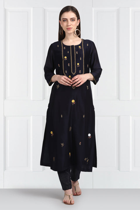 Label Earthen-Navy Blue Kurta & Pants With Dupatta-INDIASPOPUP.COM