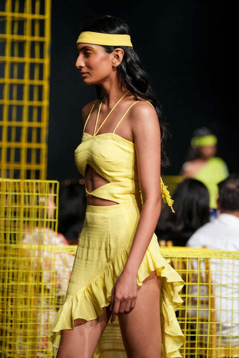 Nirmooha-Lemon Yellow Cutout Asymmetrical Dress-INDIASPOPUP.COM