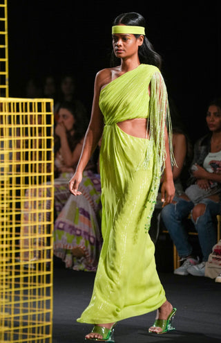 Nirmooha-Lime Green Draped One Shoulder Dress-INDIASPOPUP.COM