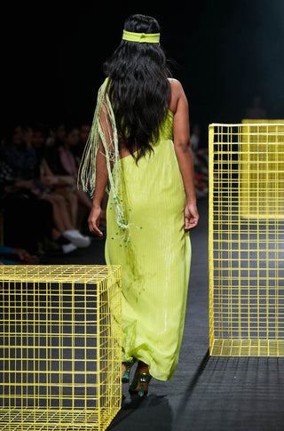 Nirmooha-Lime Green Draped One Shoulder Dress-INDIASPOPUP.COM