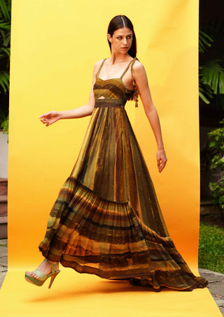 Nikita Mhaisalkar-Green Stripe Print Cutout High Low Dress-INDIASPOPUP.COM