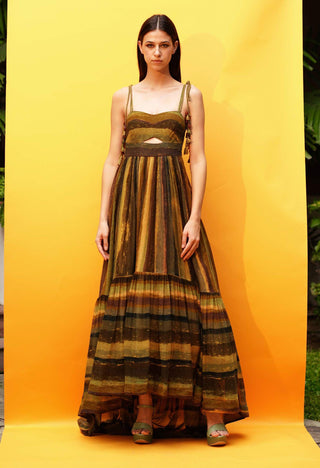 Nikita Mhaisalkar-Green Stripe Print Cutout High Low Dress-INDIASPOPUP.COM