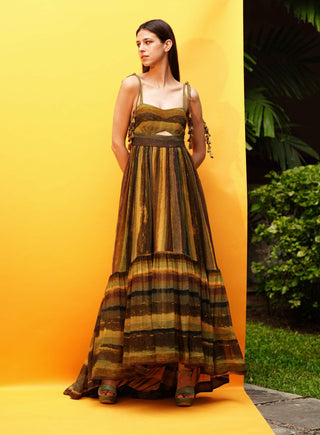 Nikita Mhaisalkar-Green Stripe Print Cutout High Low Dress-INDIASPOPUP.COM