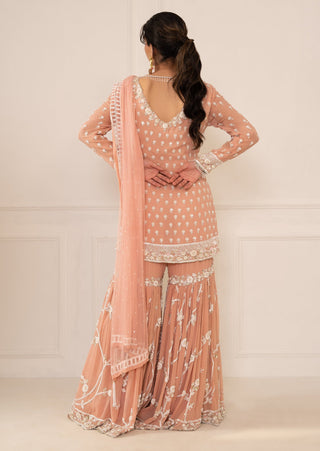 Mani Bhatia-Peach Pink Embroidered Gharara Set-INDIASPOPUP.COM
