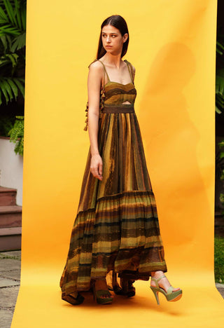 Nikita Mhaisalkar-Green Stripe Print Cutout High Low Dress-INDIASPOPUP.COM