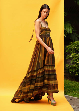 Nikita Mhaisalkar-Green Stripe Print Cutout High Low Dress-INDIASPOPUP.COM