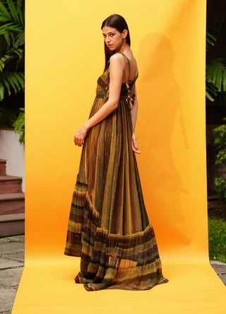 Nikita Mhaisalkar-Green Stripe Print Cutout High Low Dress-INDIASPOPUP.COM