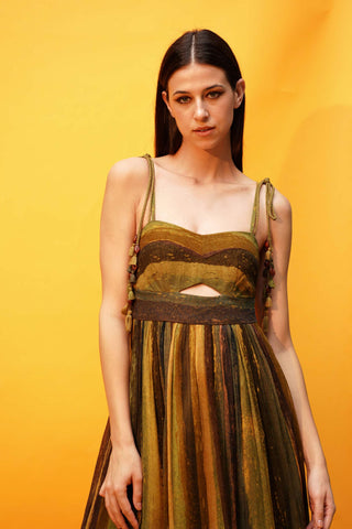 Nikita Mhaisalkar-Green Stripe Print Cutout High Low Dress-INDIASPOPUP.COM