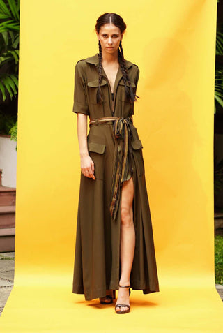 Nikita Mhaisalkar-Olive Green Shirt Dress-INDIASPOPUP.COM