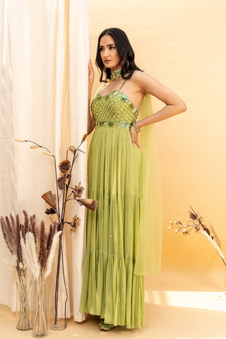 Silky Bindra-Green Tiered Embroidered Anarkali Set-INDIASPOPUP.COM