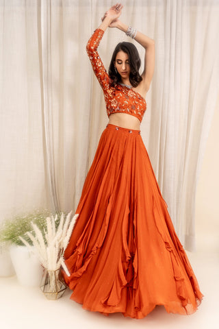 Silky Bindra-Orange Crystal Embellished Lehenga-INDIASPOPUP.COM