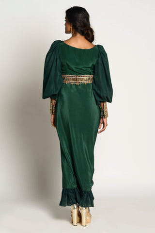 Rishi & Vibhuti-Bottle Green Nazam Draped Dress-INDIASPOPUP.COM