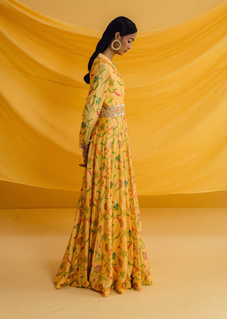 Drishti & Zahabia-Yellow Floral Print Anarkali Dress-INDIASPOPUP.COM
