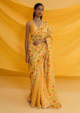 Drishti & Zahabia-Yellow Floral Print Sari With Blouse-INDIASPOPUP.COM