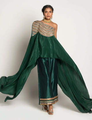 Rishi & Vibhuti-Bottle Green Khwabeeda Pants With Cape-INDIASPOPUP.COM