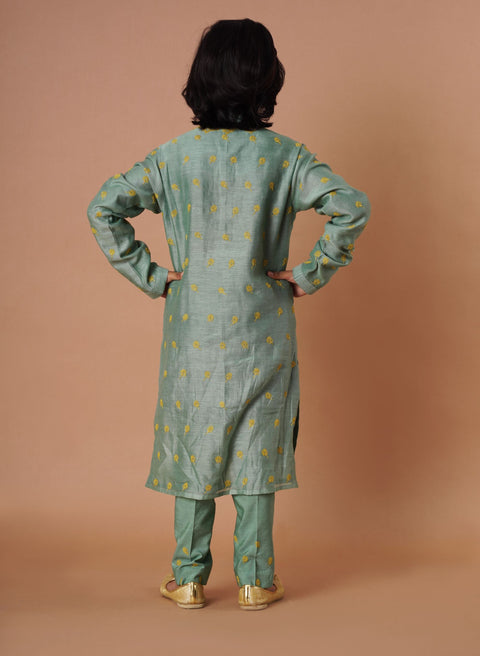 Rar Studio Kids-Moss Green Yellow Kurta With Bottom-INDIASPOPUP.COM