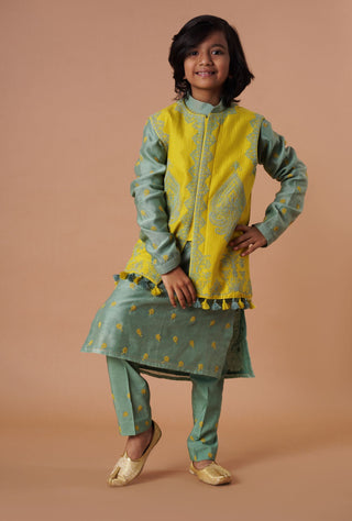 Rar Studio Kids-Moss Green Yellow Kurta Jacket Set-INDIASPOPUP.COM