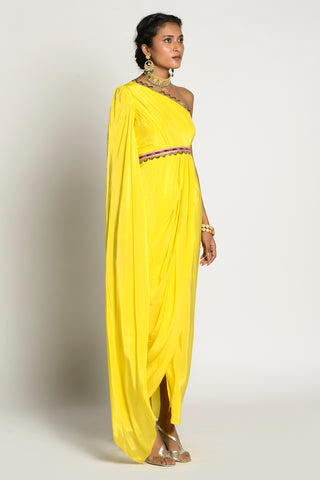 Rishi & Vibhuti-Yellow Amber Drape Dress-INDIASPOPUP.COM